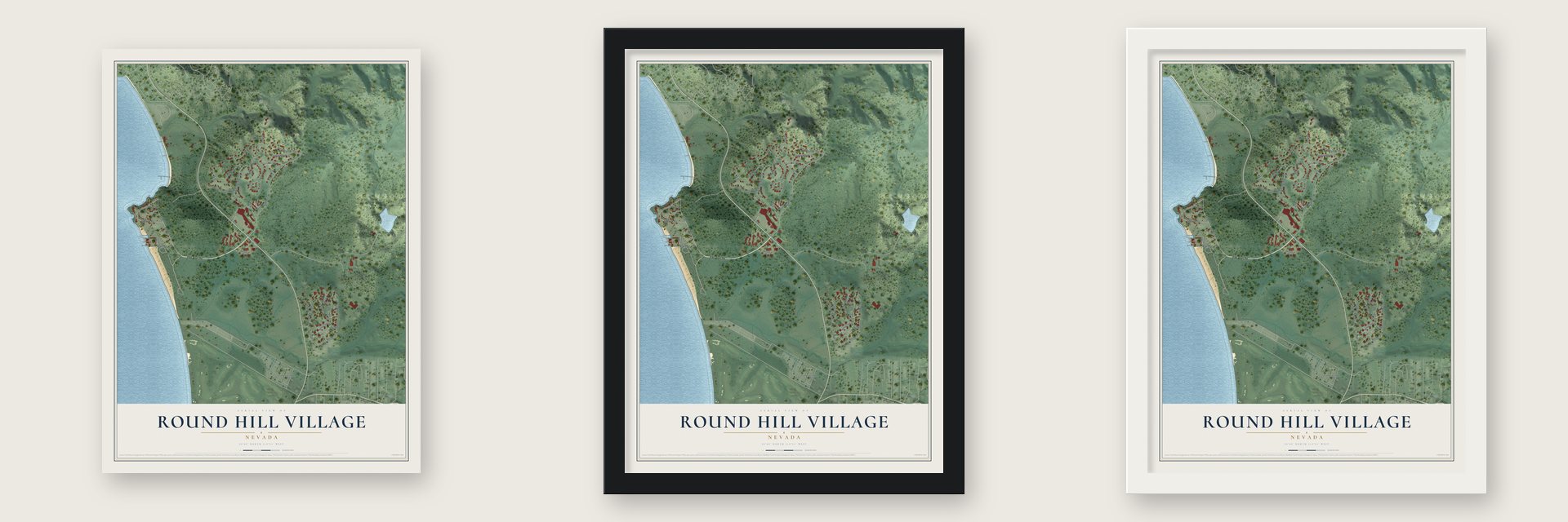 Round Hill Village, Nevada map unframed, in a black wood frame and in a white wood frame
