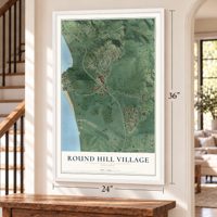 Round Hill Village, Nevada map, 24 x 36 inch print in a white frame by a staircase