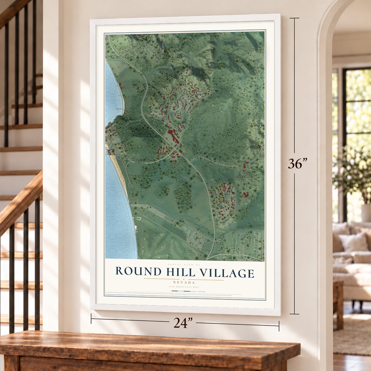 Round Hill Village, Nevada map, 24 x 36 inch print in a white frame by a staircase