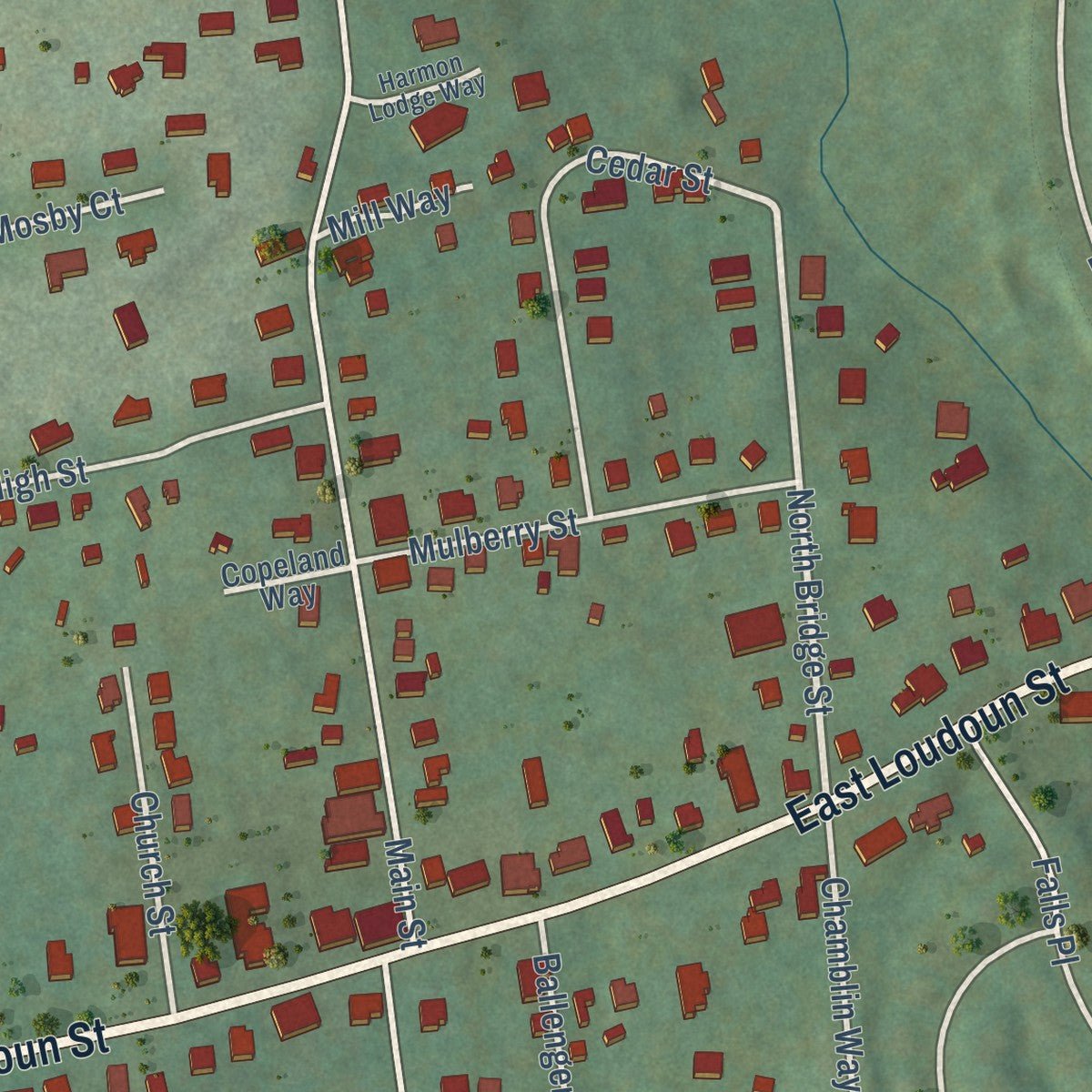 Second close-up of the map of Round Hill, Virginia print showing more streets and buildings