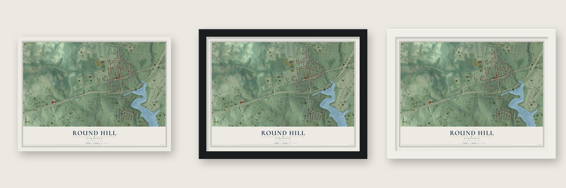 Round Hill, Virginia map unframed, in a black wood frame and in a white wood frame