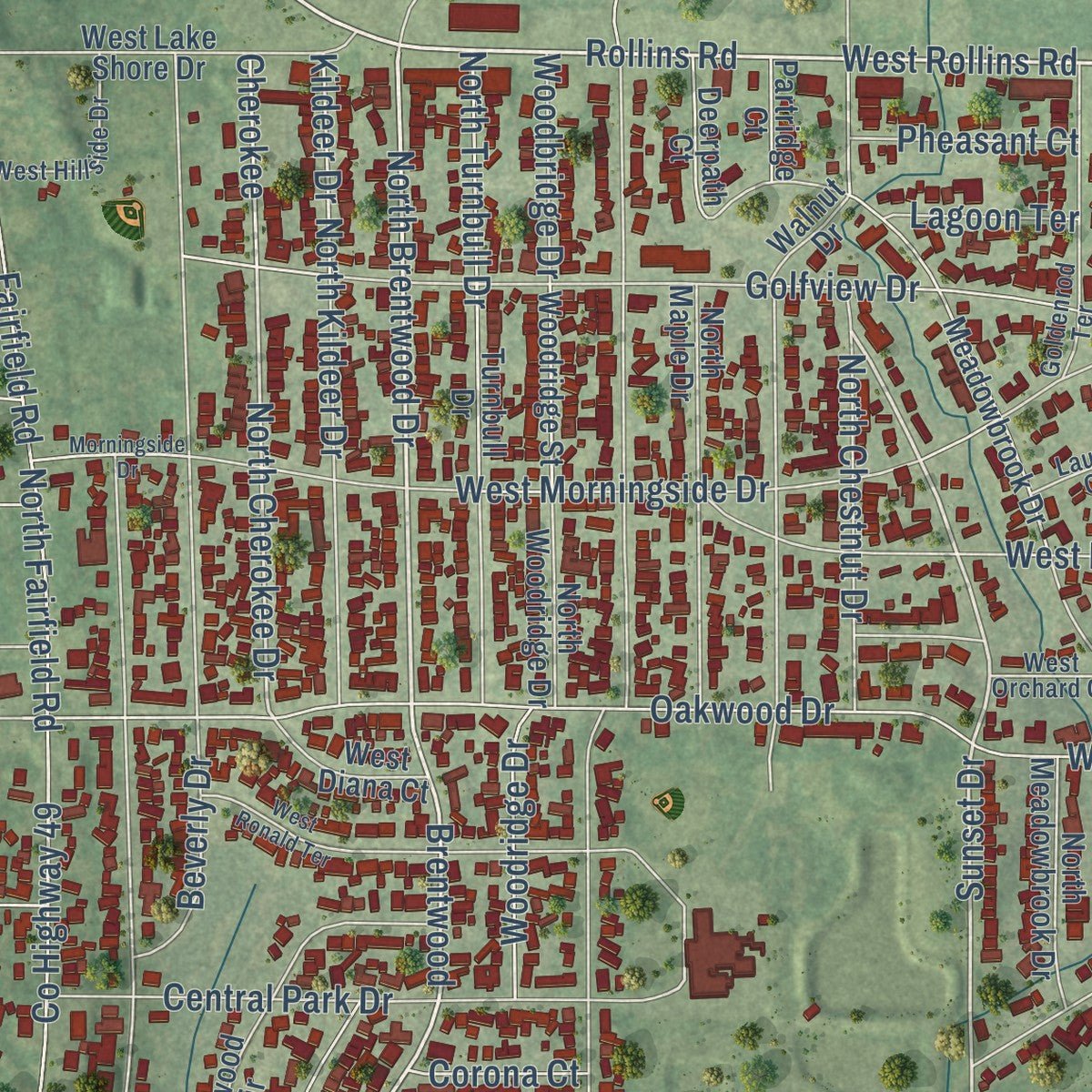 Second close-up of the map of Round Lake Beach, Illinois print showing more streets and buildings