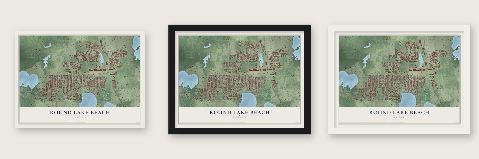 Round Lake Beach, Illinois map unframed, in a black wood frame and in a white wood frame