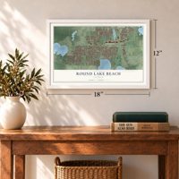 Round Lake Beach, Illinois map, 12 x 18 inch print in a white frame in an entryway