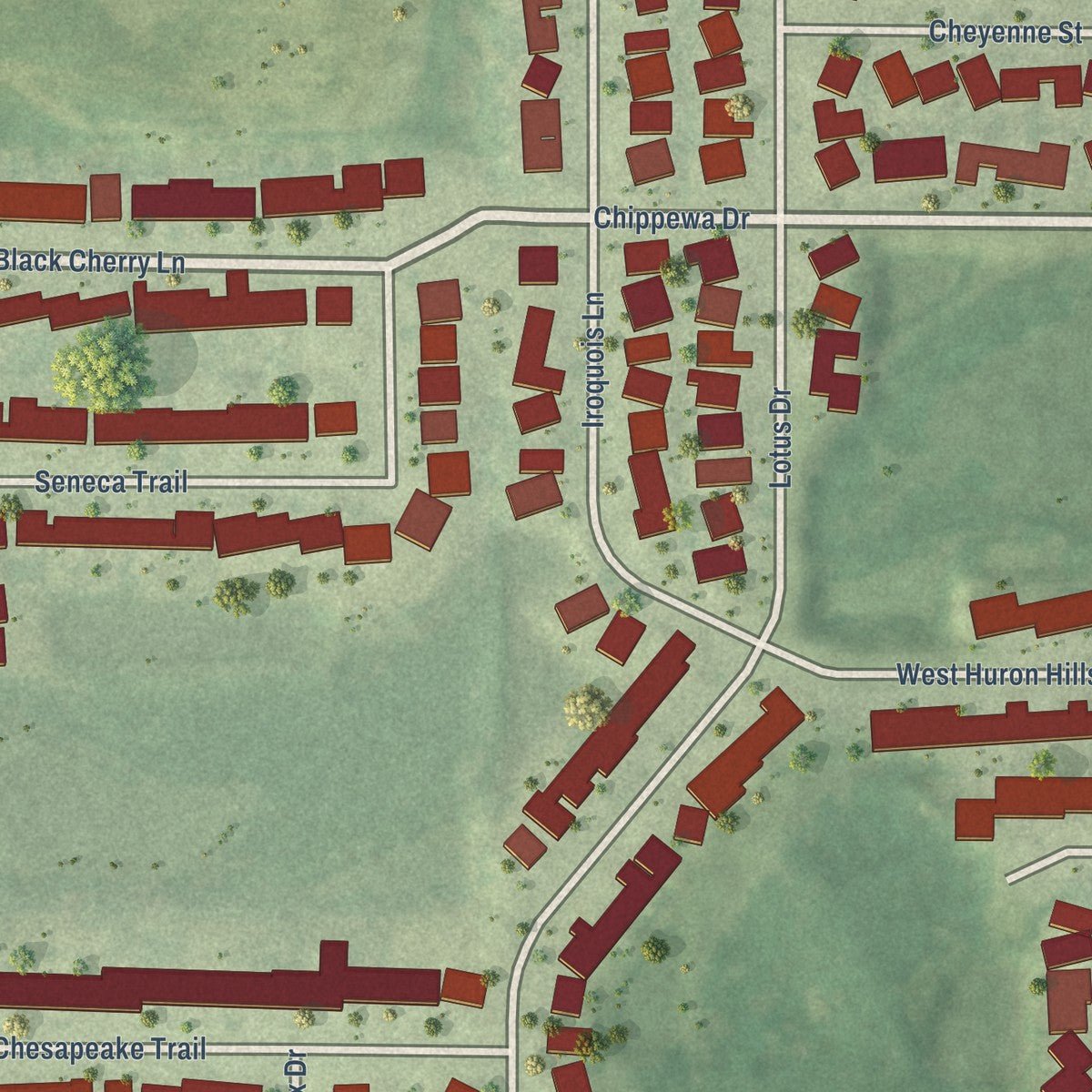 Second close-up of the map of Round Lake Heights, Illinois print showing more streets and buildings