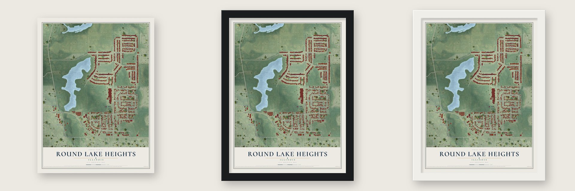 Round Lake Heights, Illinois map unframed, in a black wood frame and in a white wood frame