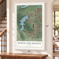 Round Lake Heights, Illinois map, 24 x 36 inch print in a white frame by a staircase