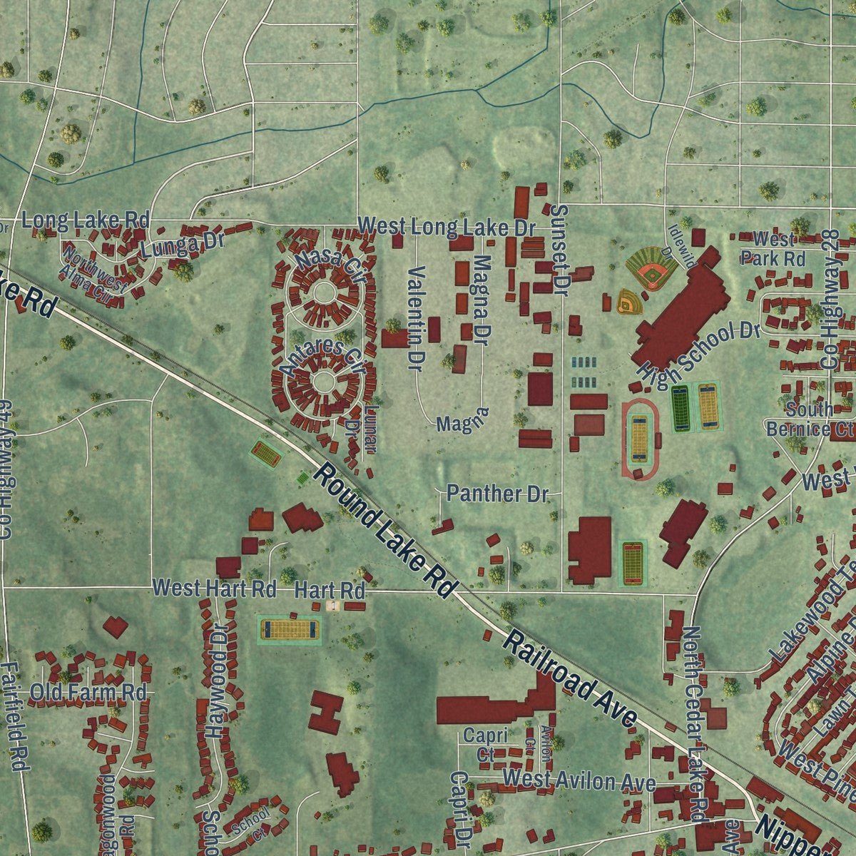 Second close-up of the map of Round Lake, Illinois print showing more streets and buildings