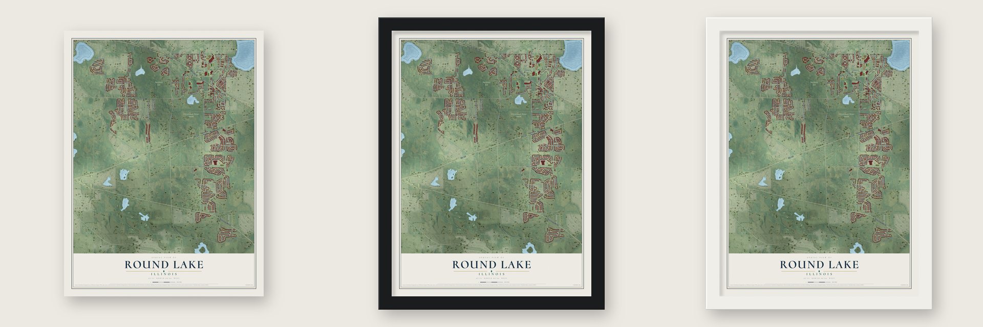 Round Lake, Illinois map unframed, in a black wood frame and in a white wood frame