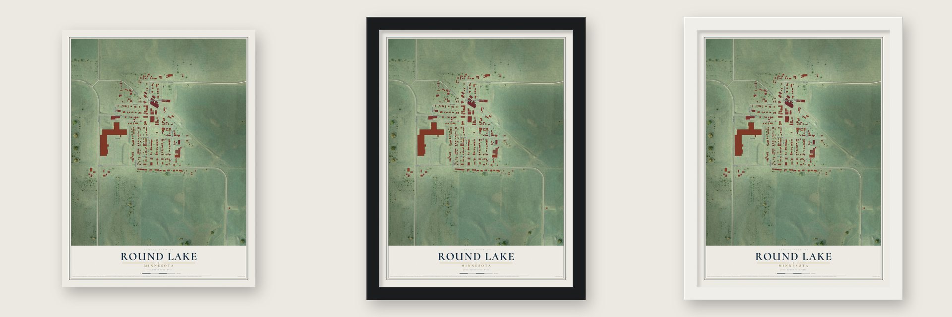 Round Lake, Minnesota map unframed, in a black wood frame and in a white wood frame