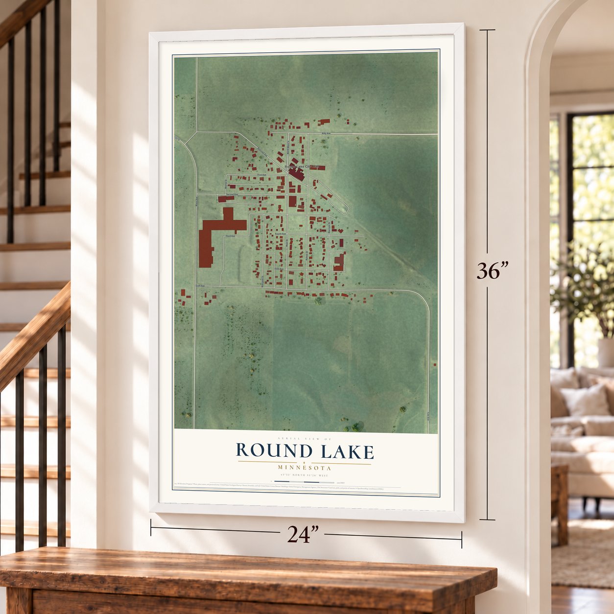 Round Lake, Minnesota map, 24 x 36 inch print in a white frame by a staircase