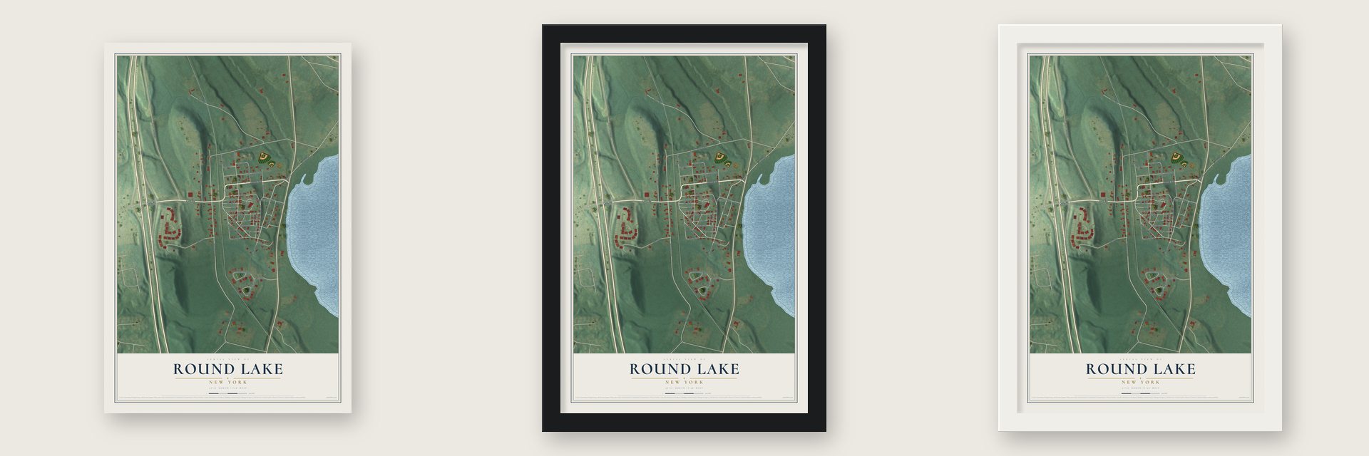 Round Lake, New York map unframed, in a black wood frame and in a white wood frame
