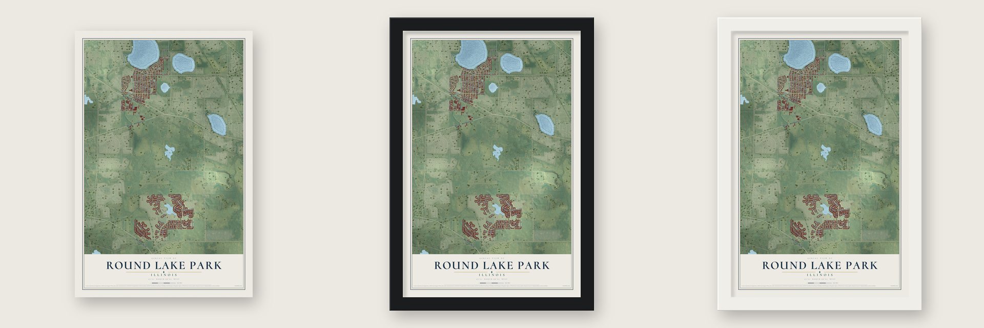 Round Lake Park, Illinois map unframed, in a black wood frame and in a white wood frame