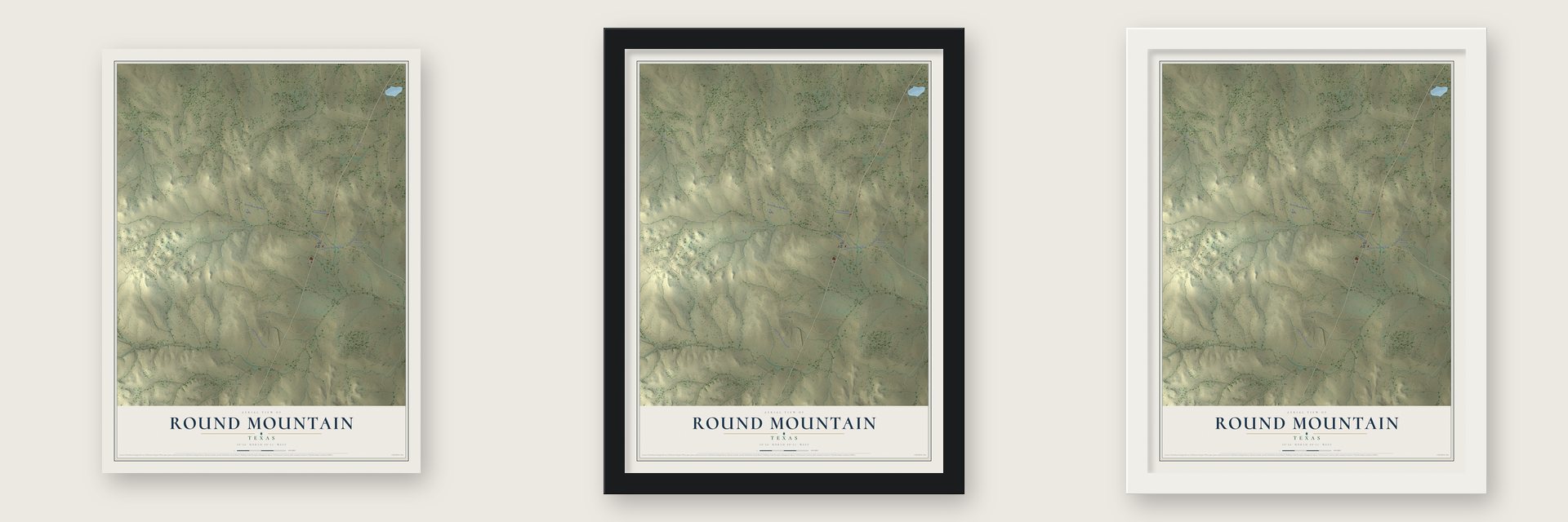 Round Mountain, Texas map unframed, in a black wood frame and in a white wood frame