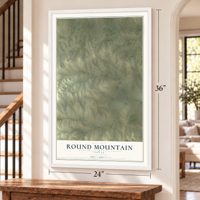 Round Mountain, Texas map, 24 x 36 inch print in a white frame by a staircase