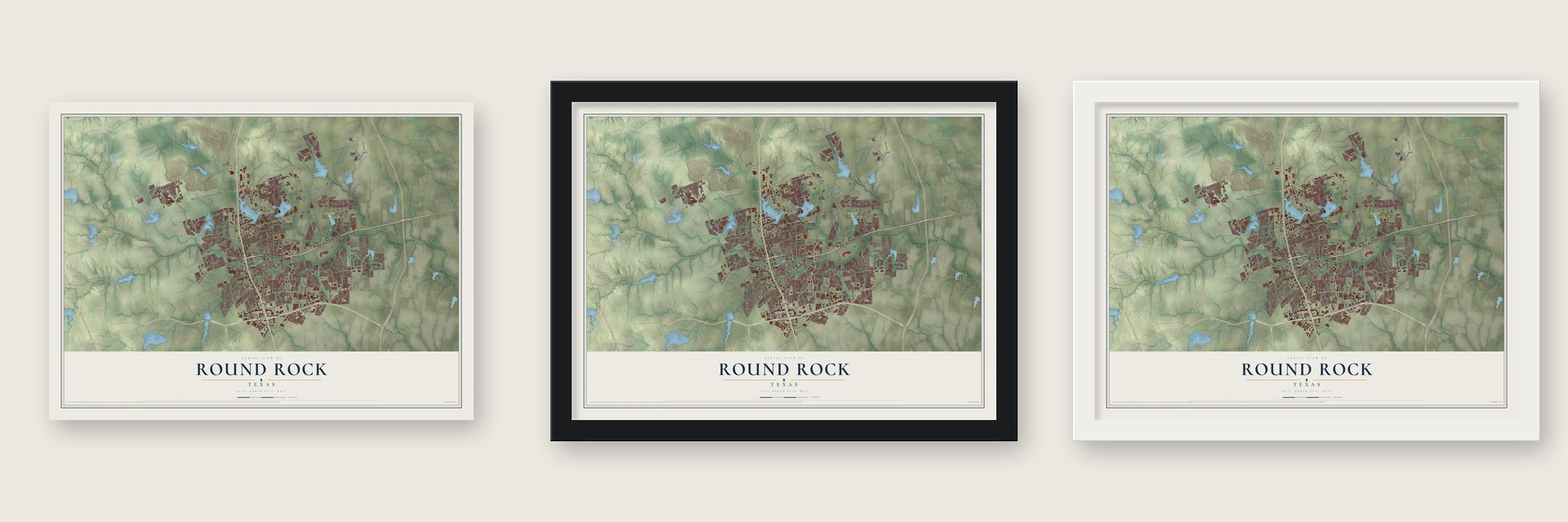 Round Rock, Texas map unframed, in a black wood frame and in a white wood frame