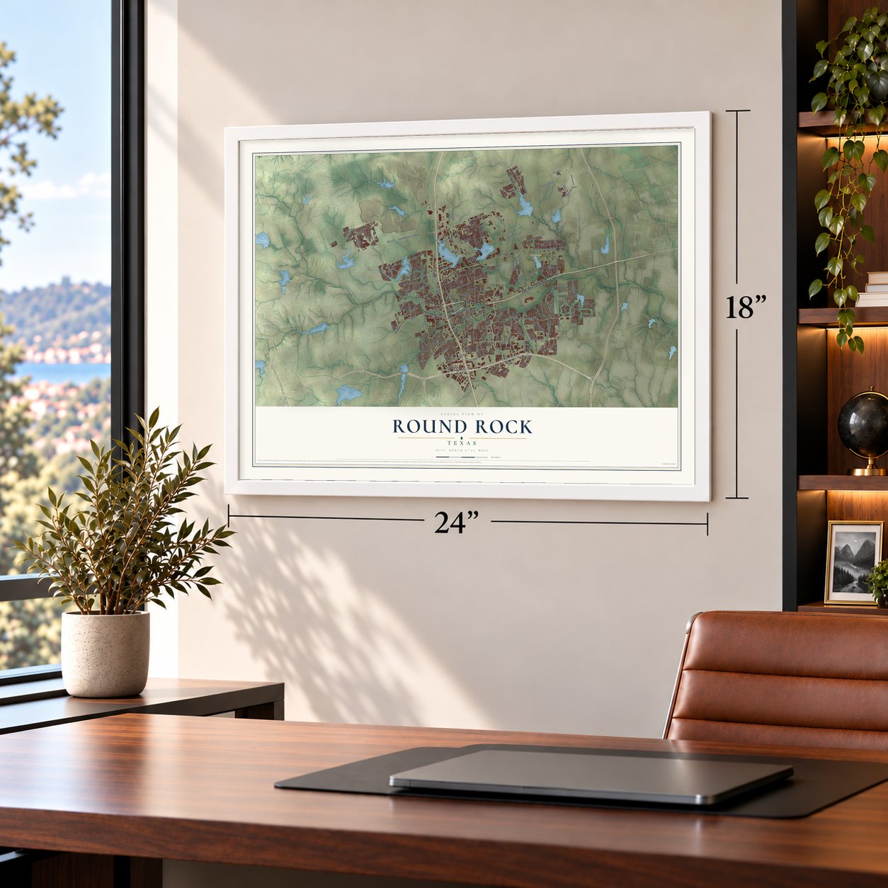 Round Rock, Texas map, 18 x 24 inch print in a white frame in a home office