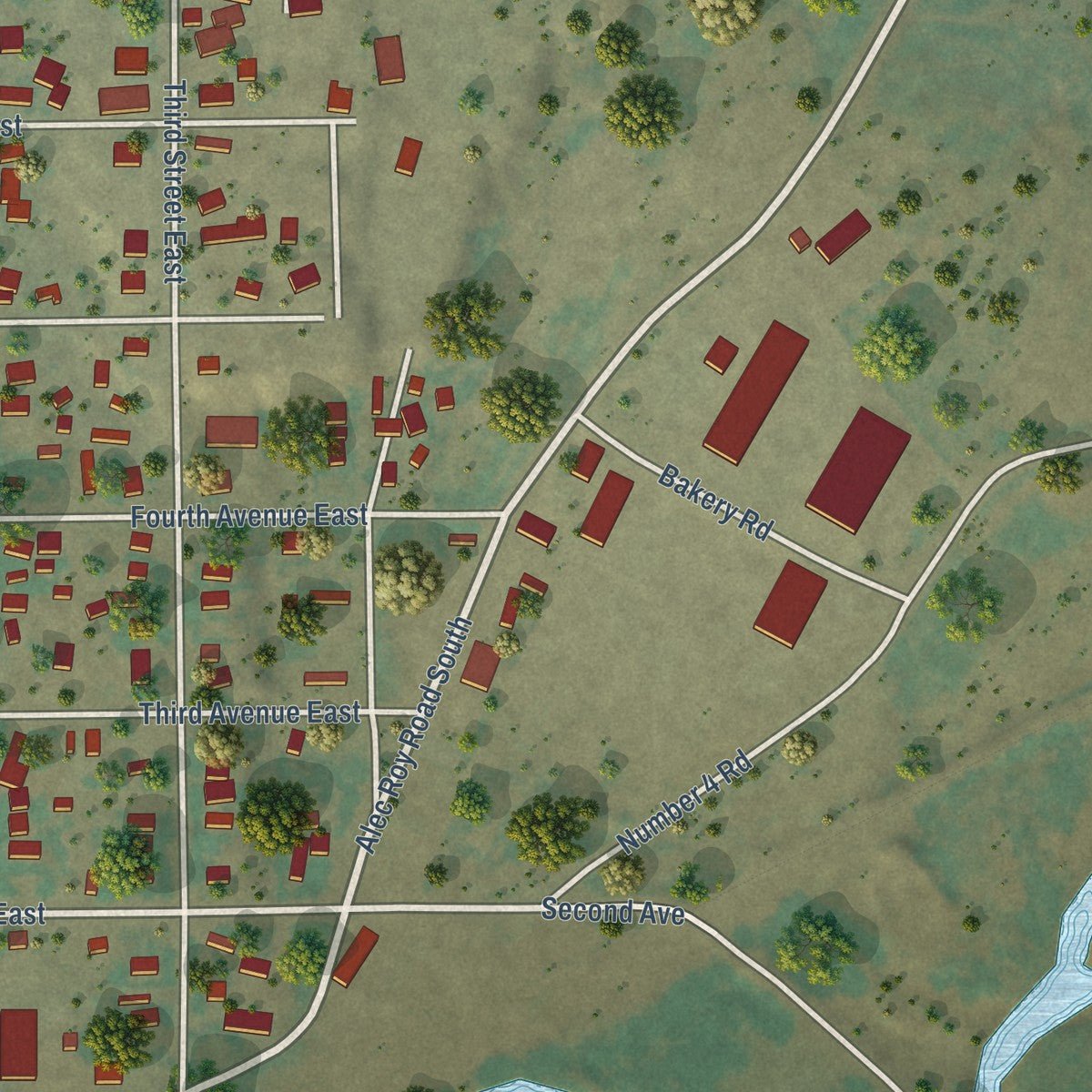 Second close-up of the map of Roundup, Montana print showing more streets and buildings