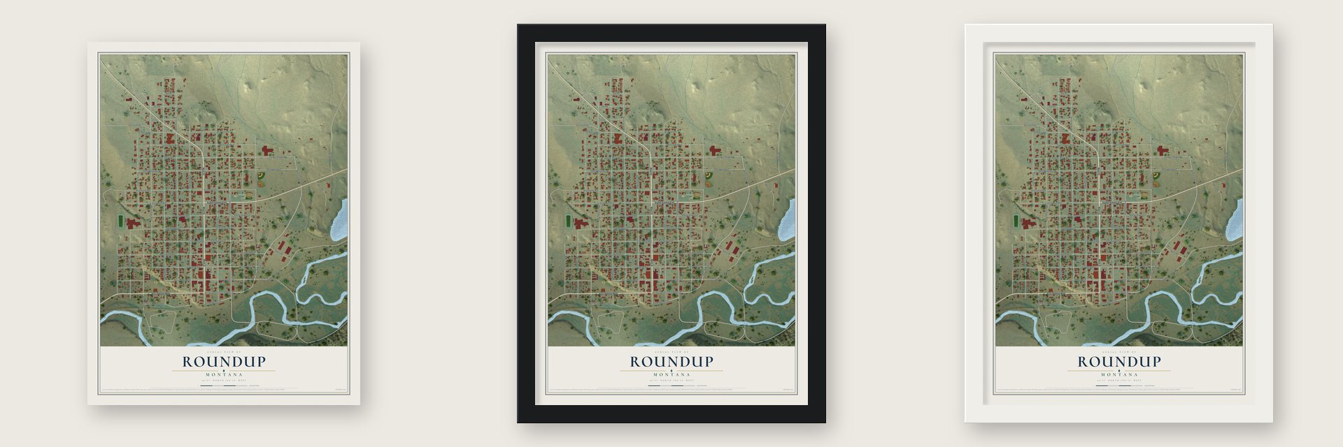 Roundup, Montana map unframed, in a black wood frame and in a white wood frame