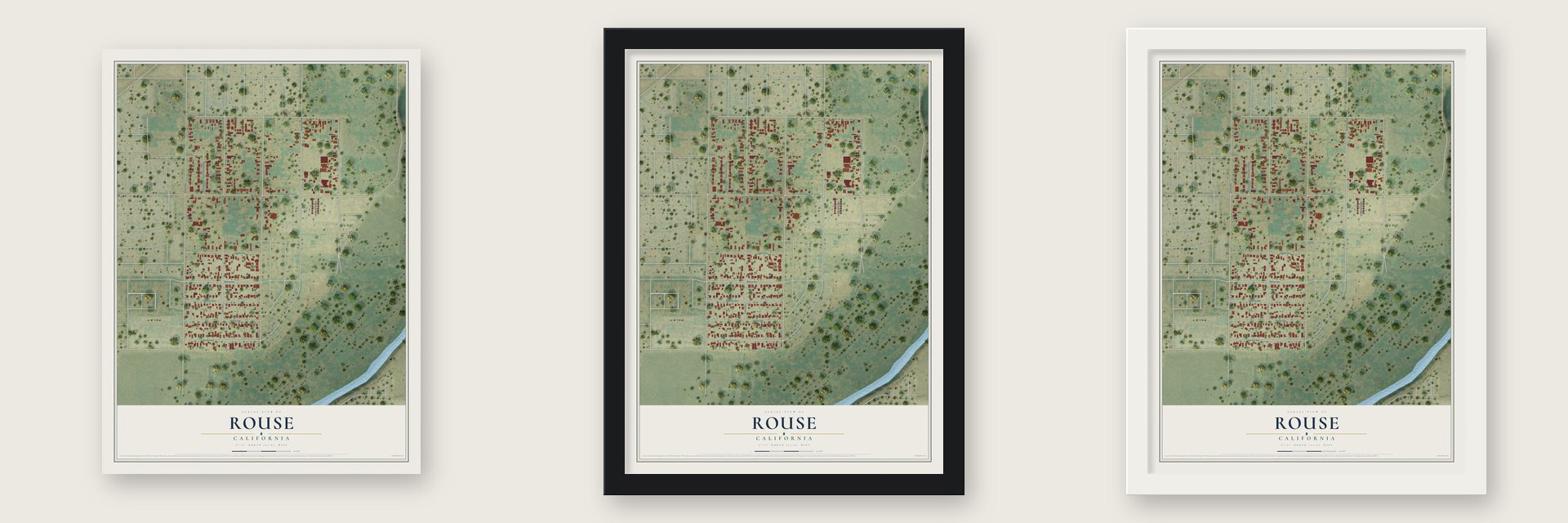 Rouse, California map unframed, in a black wood frame and in a white wood frame
