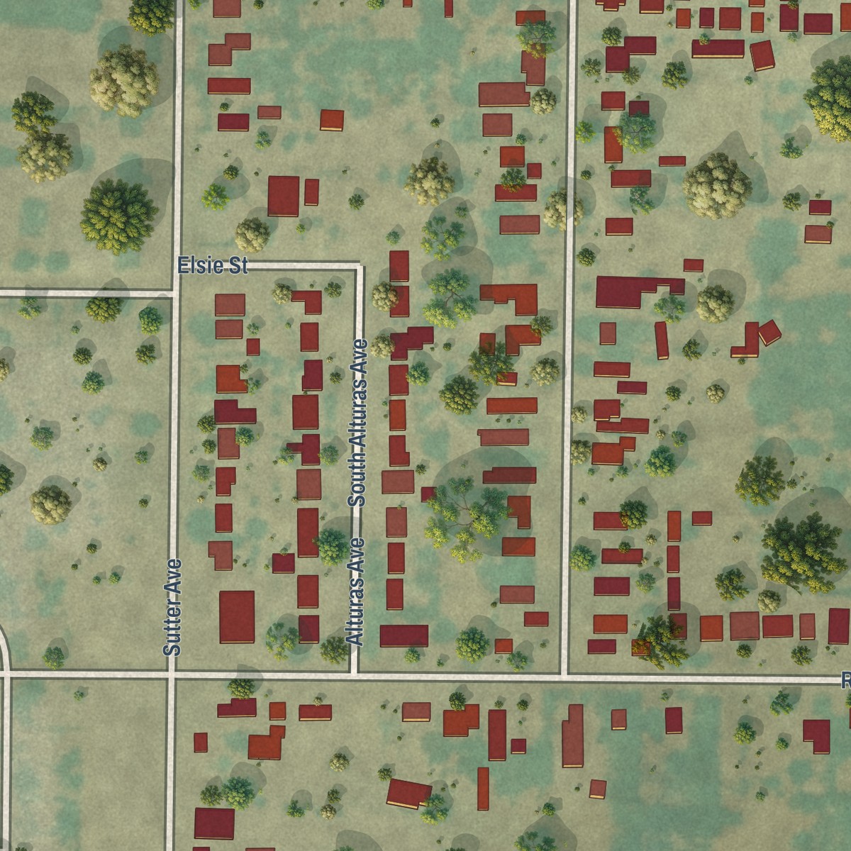 Second close-up of the map of Rouse, California print showing more streets and buildings
