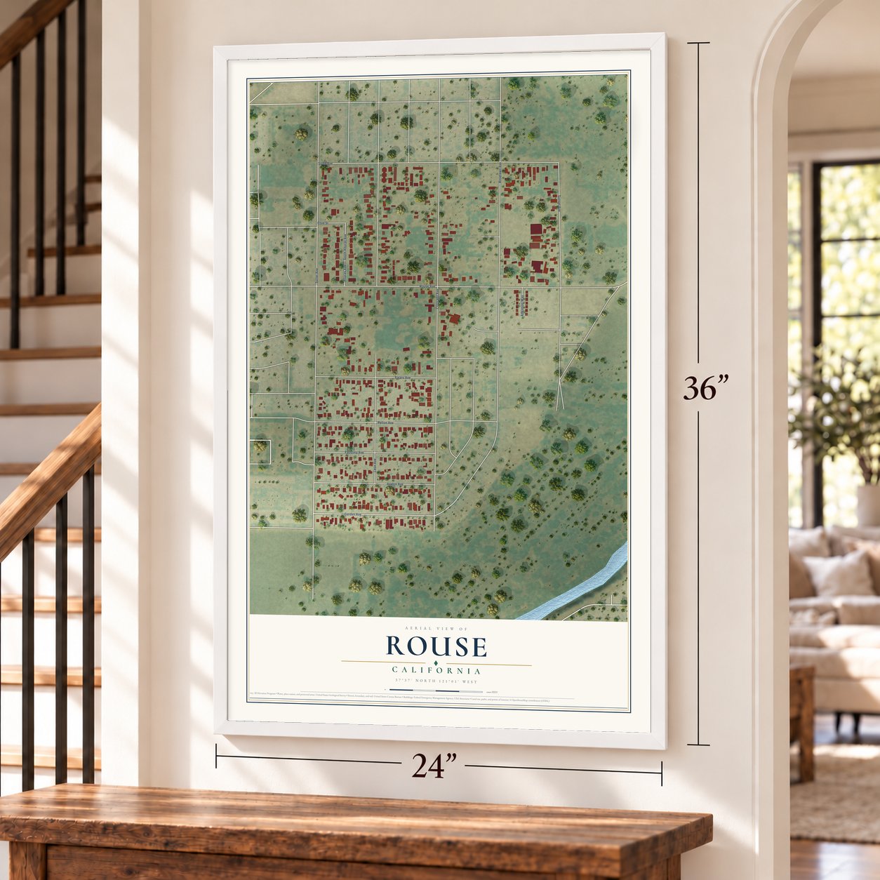 Rouse, California map, 24 x 36 inch print in a white frame by a staircase