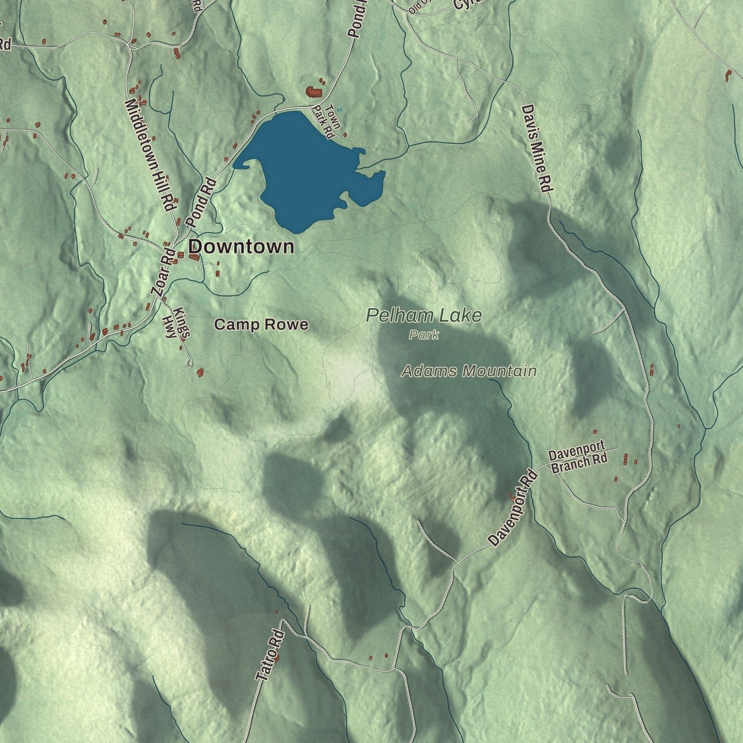 Close-up of the map of Rowe, Massachusetts print showing terrain and local geography