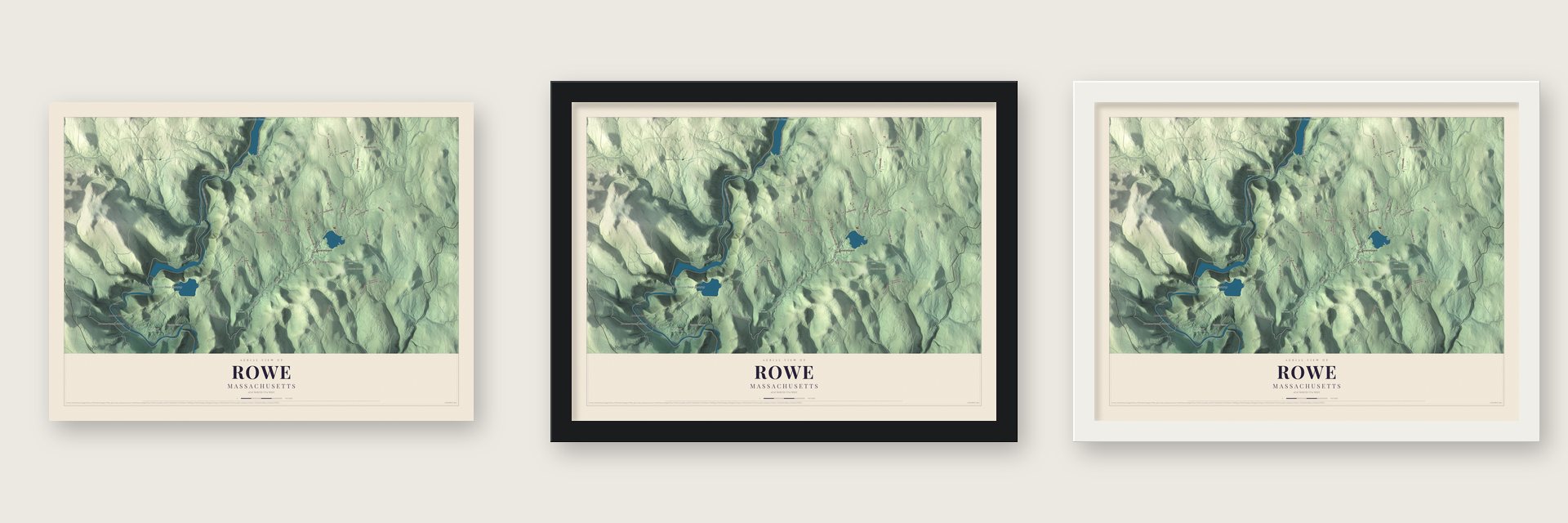 Rowe, Massachusetts map unframed, in a black wood frame and in a white wood frame