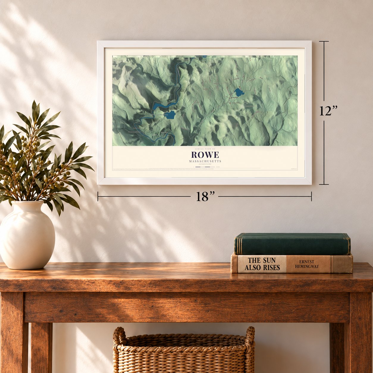 Rowe, Massachusetts map, 12 x 18 inch print in a white frame in an entryway
