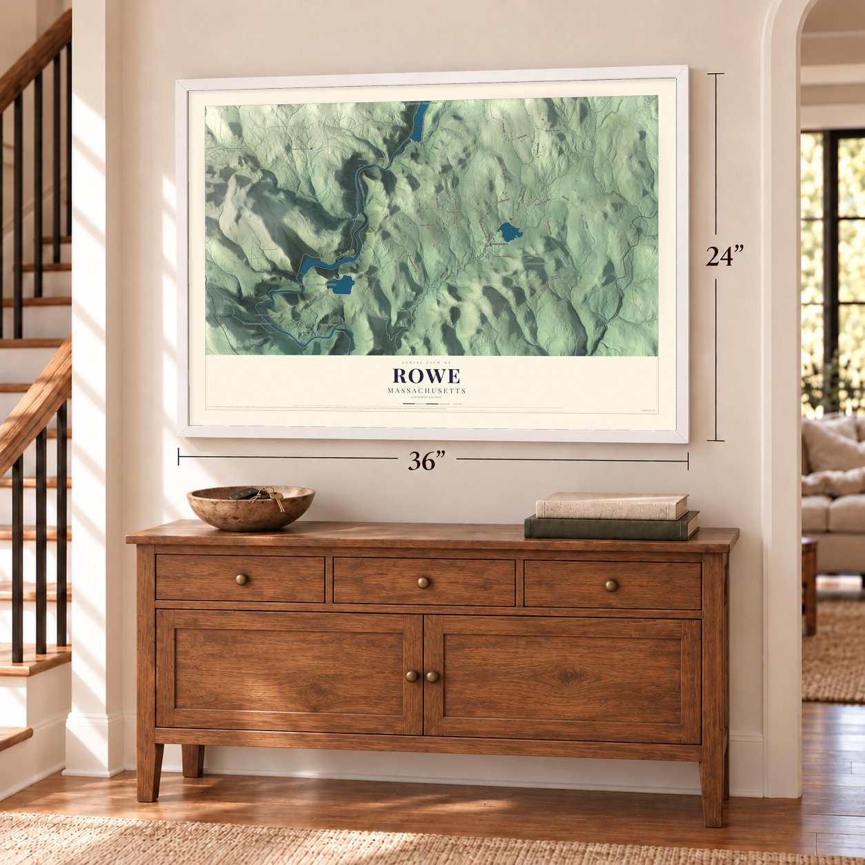 Rowe, Massachusetts map, 24 x 36 inch print in a white frame above a dresser by a staircase