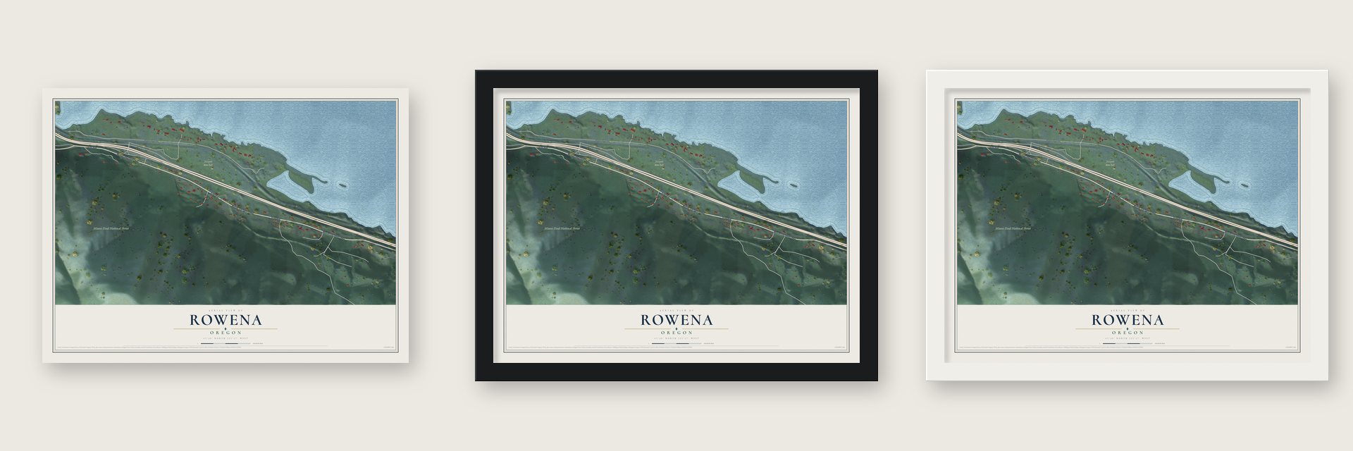 Rowena, Oregon map unframed, in a black wood frame and in a white wood frame