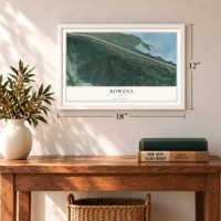 Rowena, Oregon map, 12 x 18 inch print in a white frame in an entryway