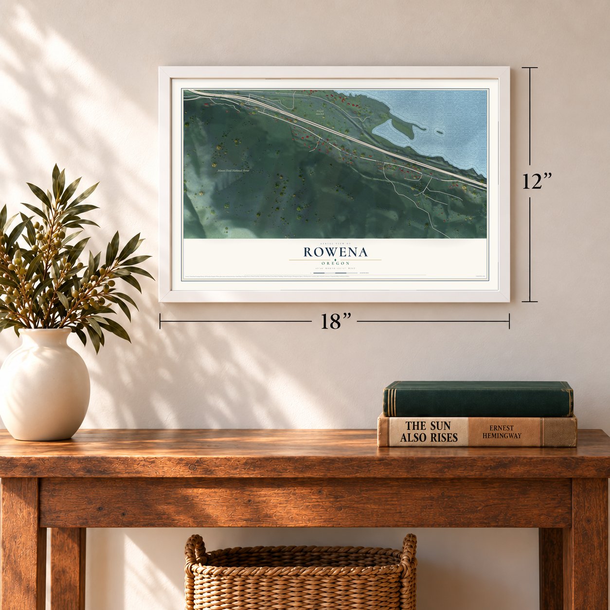 Rowena, Oregon map, 12 x 18 inch print in a white frame in an entryway