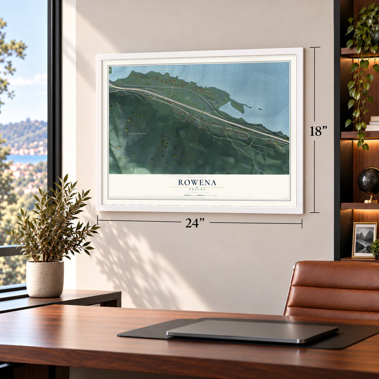 Rowena, Oregon map, 18 x 24 inch print in a white frame in a home office