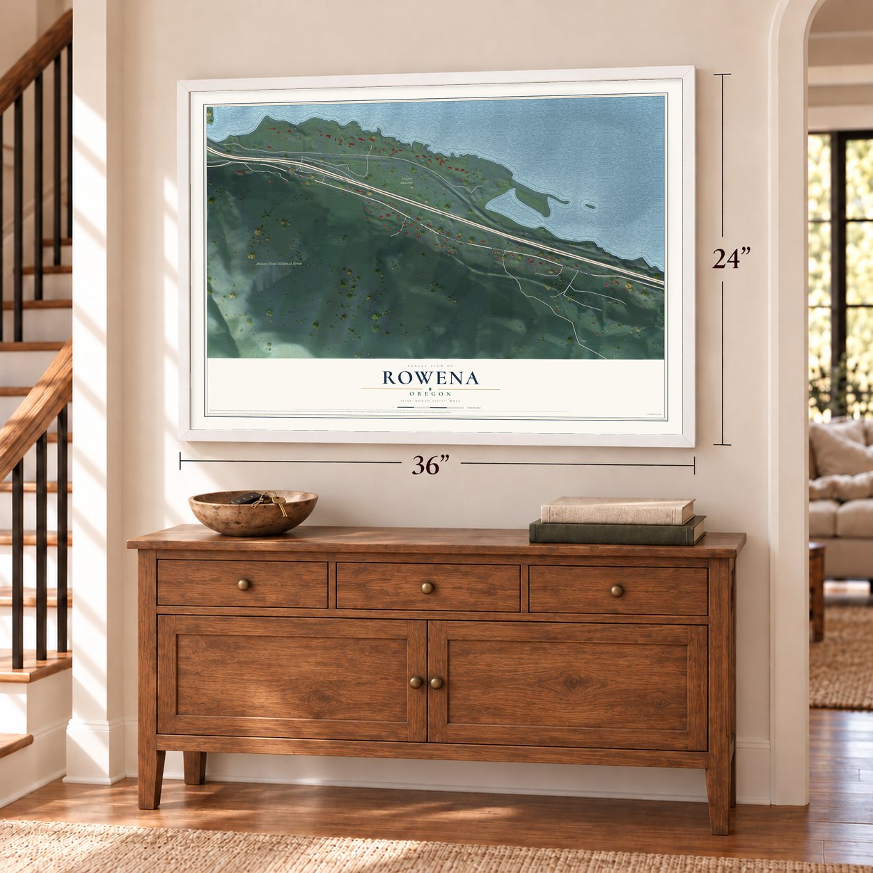 Rowena, Oregon map, 24 x 36 inch print in a white frame above a dresser by a staircase