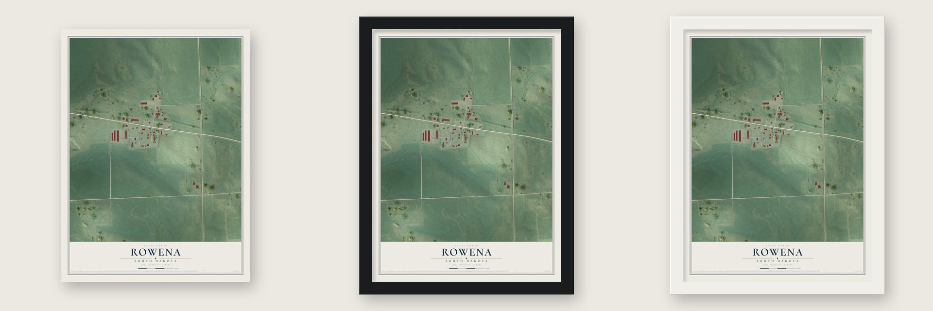 Rowena, South Dakota map unframed, in a black wood frame and in a white wood frame
