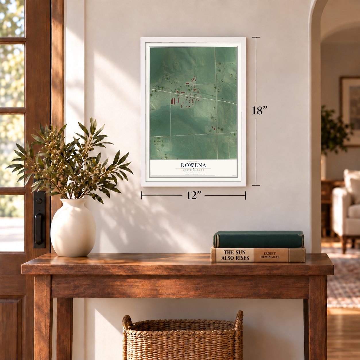 Rowena, South Dakota map, 12 x 18 inch print in a white frame in an entryway