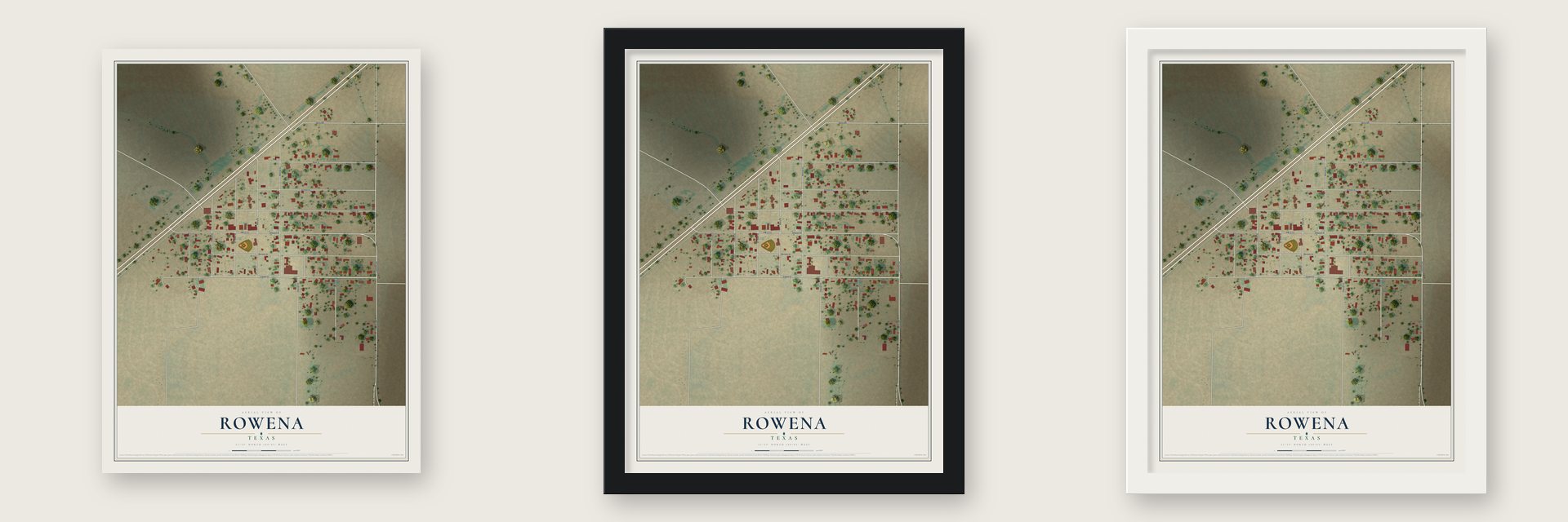 Rowena, Texas map unframed, in a black wood frame and in a white wood frame