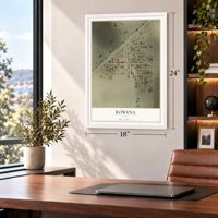 Rowena, Texas map, 18 x 24 inch print in a white frame in a home office