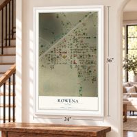Rowena, Texas map, 24 x 36 inch print in a white frame by a staircase