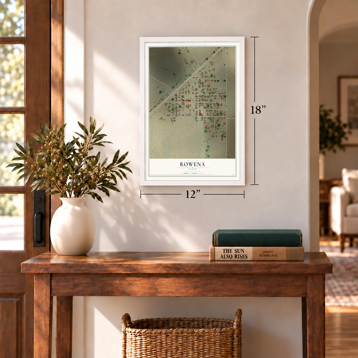 Rowena, Texas map, 12 x 18 inch print in a white frame in an entryway