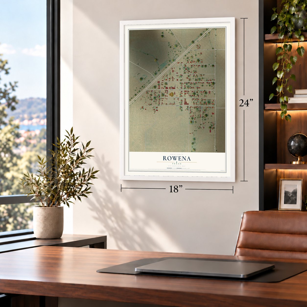 Rowena, Texas map, 18 x 24 inch print in a white frame in a home office