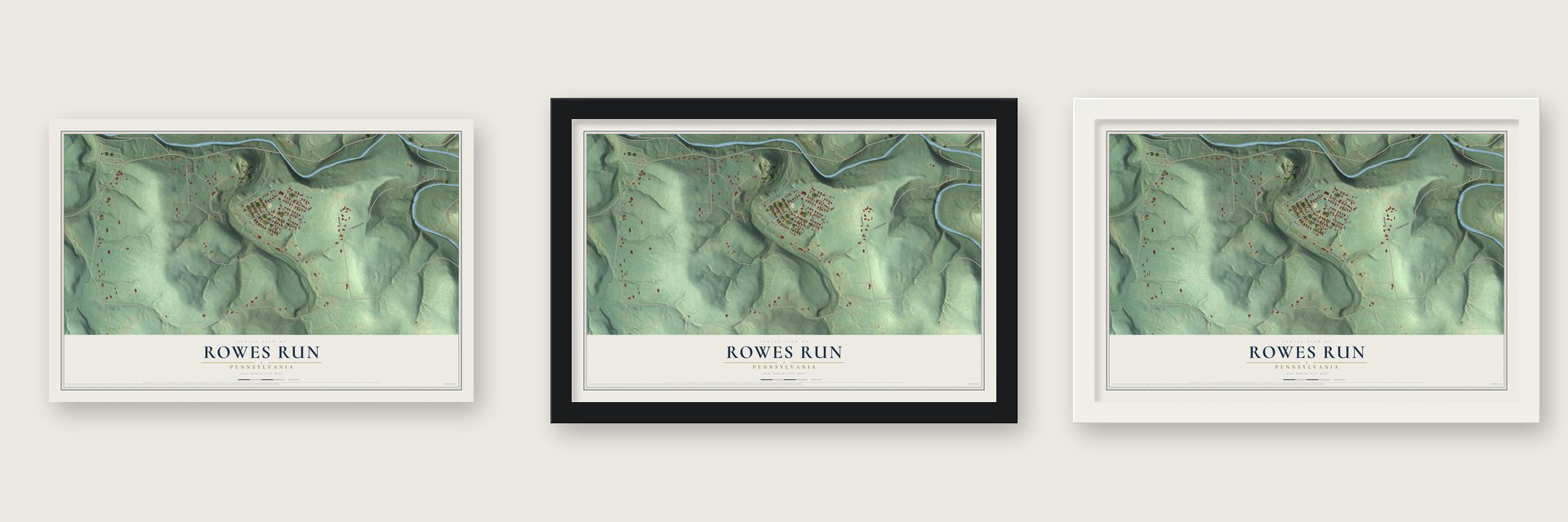 Rowes Run, Pennsylvania map unframed, in a black wood frame and in a white wood frame