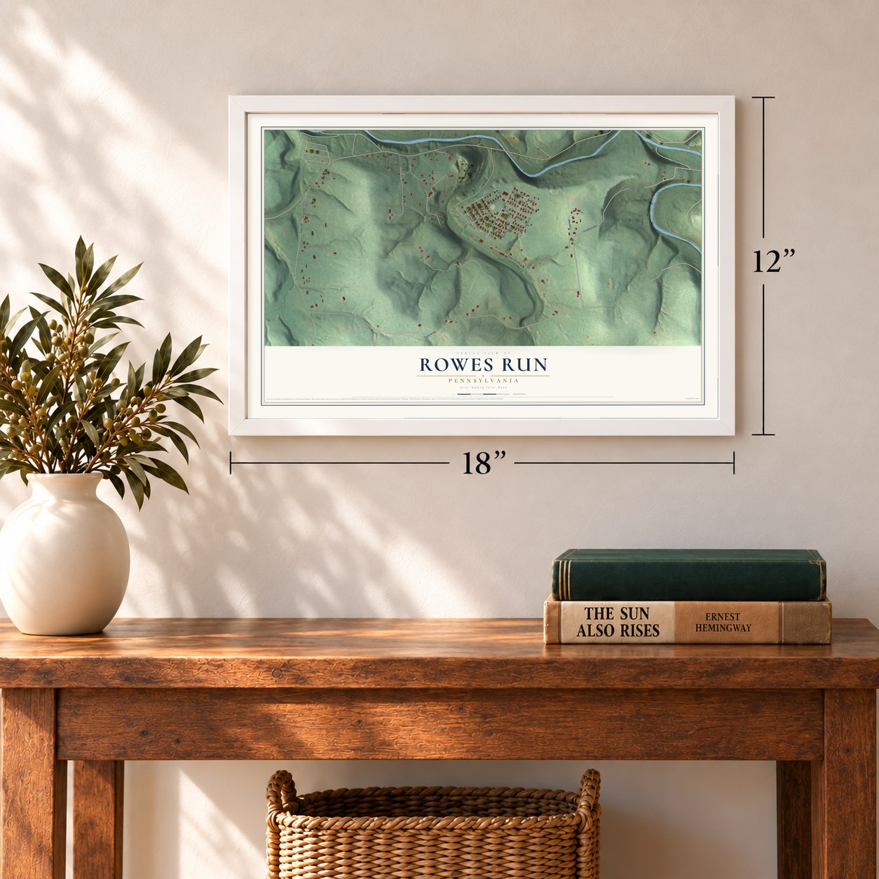 Rowes Run, Pennsylvania map, 12 x 18 inch print in a white frame in an entryway