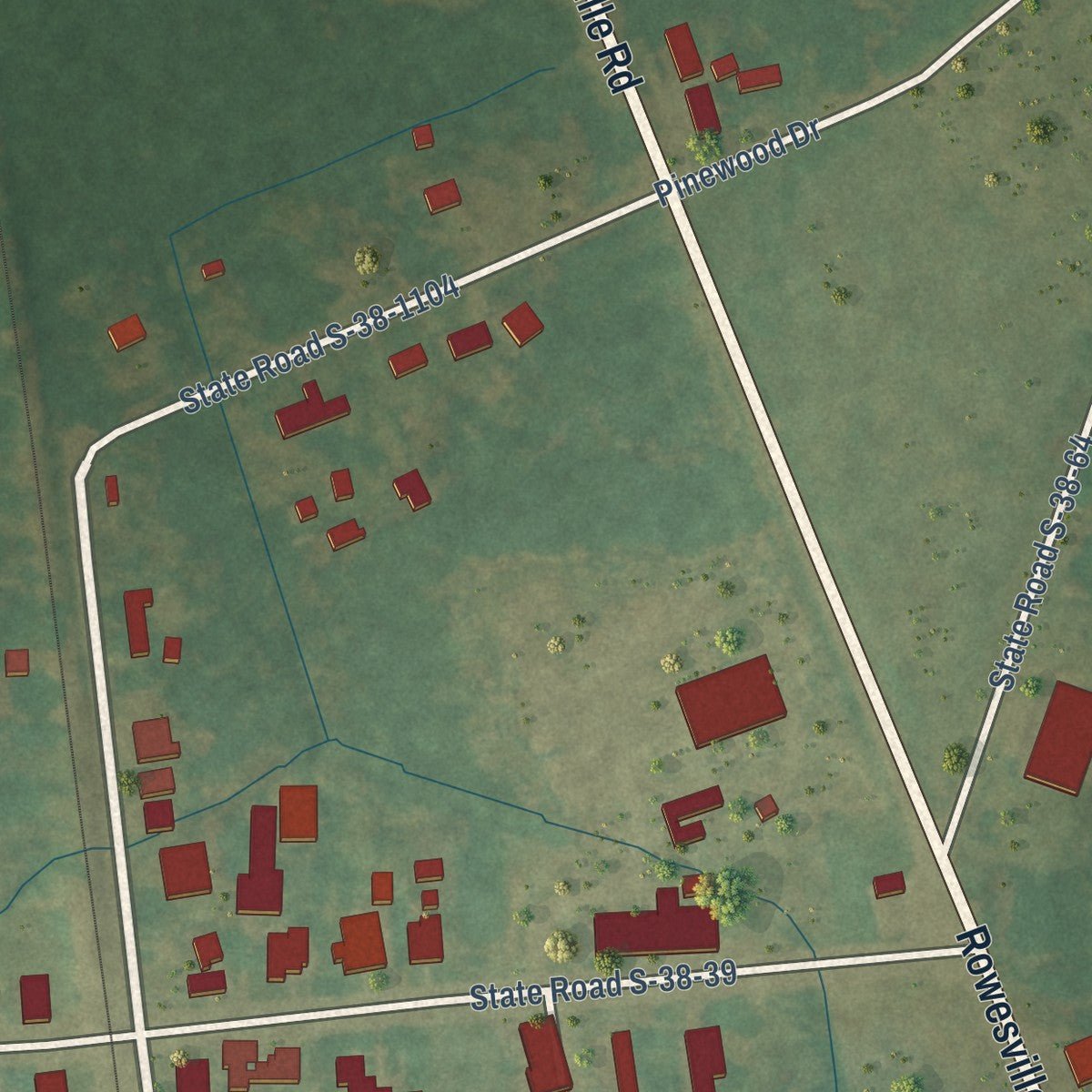 Second close-up of the map of Rowesville, South Carolina print showing more streets and buildings