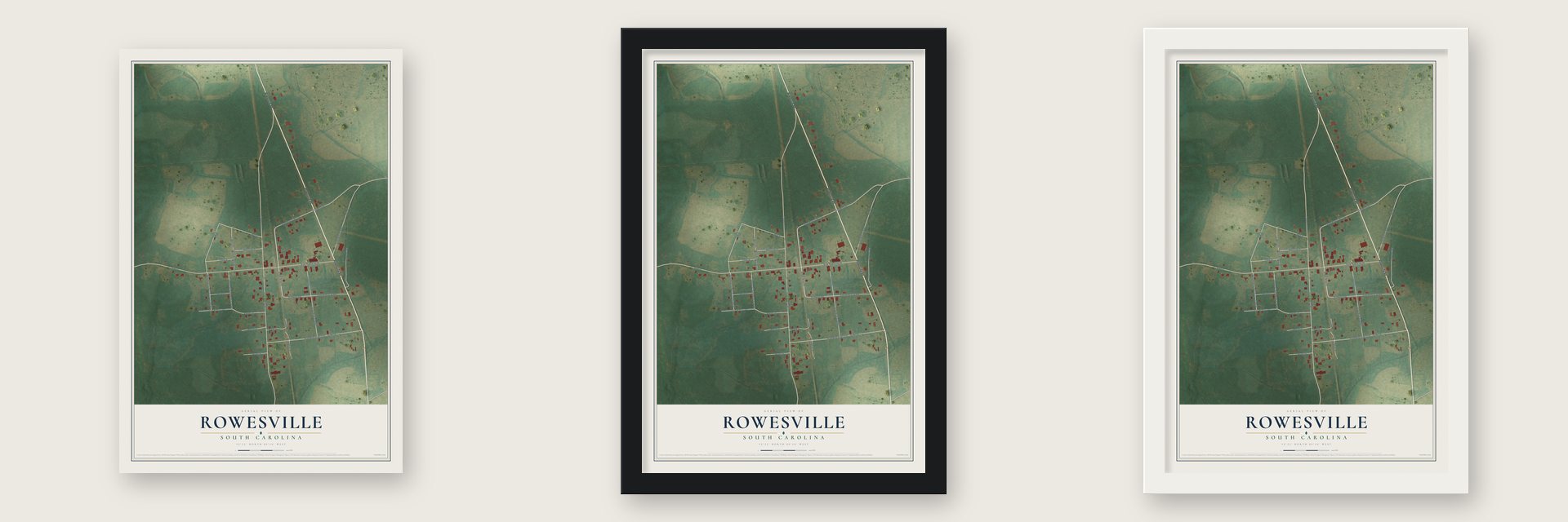 Rowesville, South Carolina map unframed, in a black wood frame and in a white wood frame