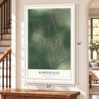 Rowesville, South Carolina map, 24 x 36 inch print in a white frame by a staircase