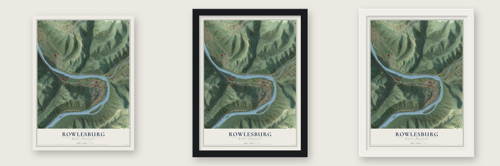 Rowlesburg, West Virginia map unframed, in a black wood frame and in a white wood frame