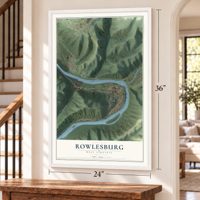 Rowlesburg, West Virginia map, 24 x 36 inch print in a white frame by a staircase