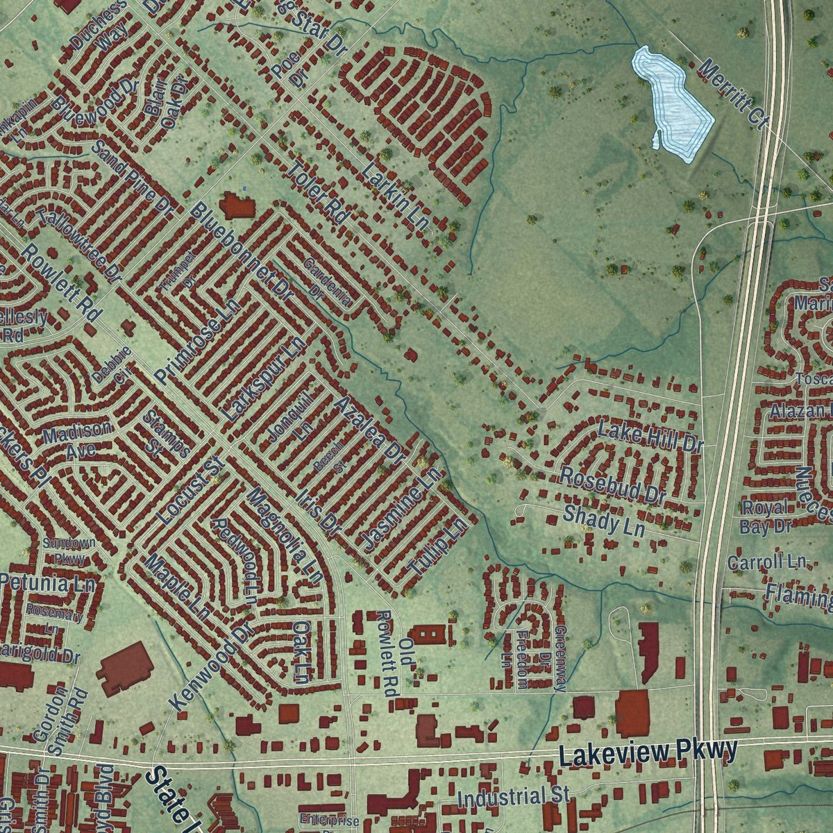 Second close-up of the map of Rowlett, Texas print showing more streets and buildings